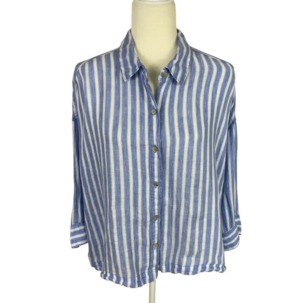 Sigrid Olsen 100% Linen Striped Button Front Blouse Sz Large Coastal Nautical - Picture 2 of 10